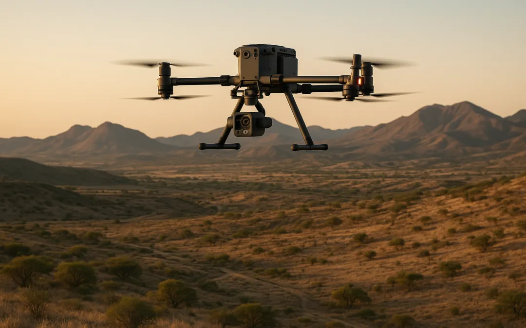 Dron de relevamiento sobrevolando la estepa patagónica
